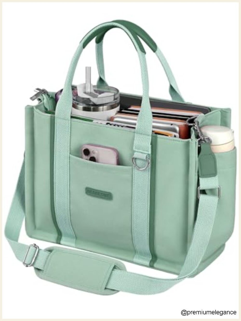 Canvas Tote Bag with Zipper and Compartments - Multi-Pocket Laptop Work